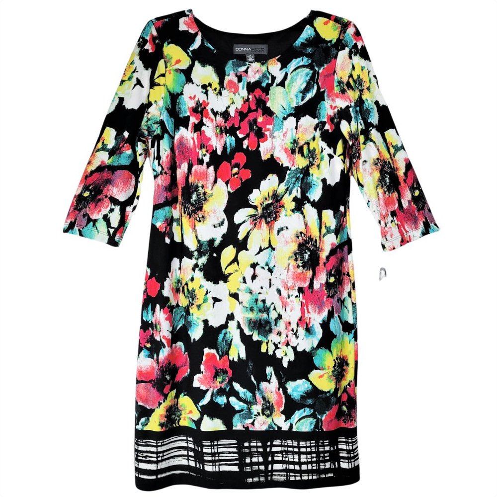 Donna Ricco Women's NWT Sz 8 Dress Shift Knee Length 3/4 Sleeves Lined Floral